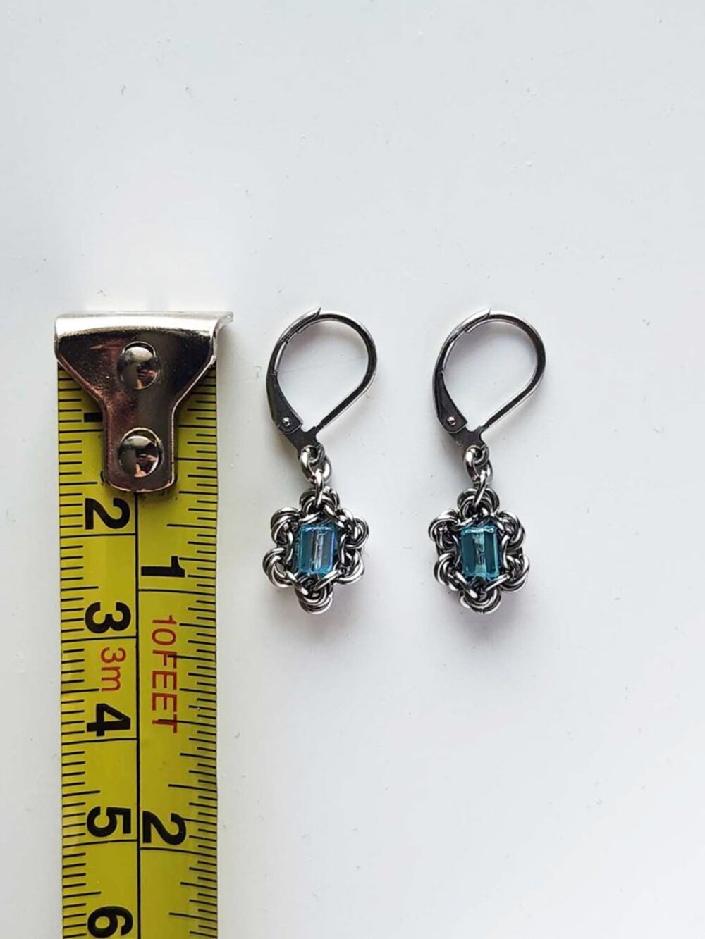 Silver and aqua blue lever back dangly earrings - Picture 6 of 8